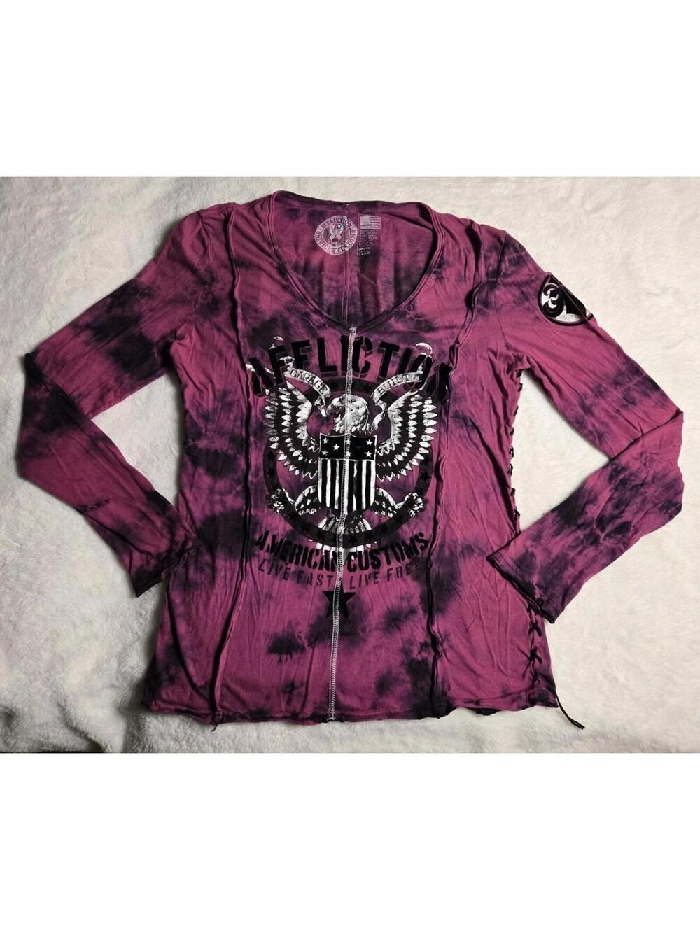 Affliction Pink Long Sleeve Graphic Felt American Flag T-Shirt - Womens L